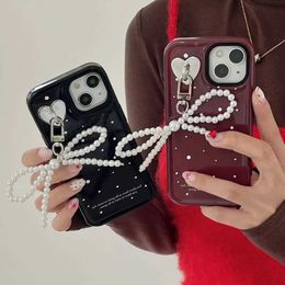 Cell Phone Cases Korea INS Wave Point Phone Case For Iphone 13 11 12 14 15 Pro Max 15 Pro With Pearl Bow Pendant Shockproof bumper Back Cover J240509