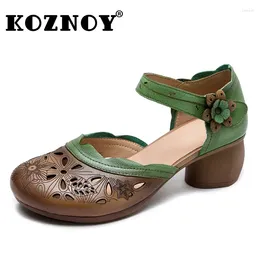 Sandals Koznoy 5cm Women Shoes Cow Genuine Leather Summer Hook Fashion Mixed Colour Ladies Chunky Heels Hollow Shallow Flower