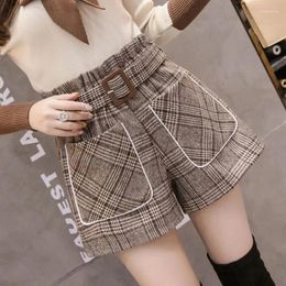 Women's Shorts Plaid Woolen Female Autumn Winter High-Waisted Wide-Leg Pants Loose Fashion Boots Tide Lace-up