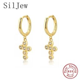 Hoop & Huggie SilJew 925 Sterling Silver Dangling Cross Earrings Cubic Zirconia Jewelled Various Pendant Drop Dangle Gift 265q