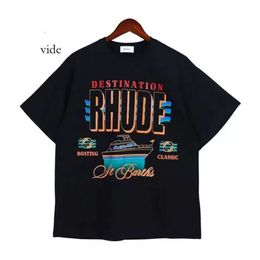 Rhude T Shirt Summer American High Street Coconut Palm Truck Print Mens Designer T Shirt Loose Casual Men's And Women's Couples With The Same Round Neck Tshirt 394