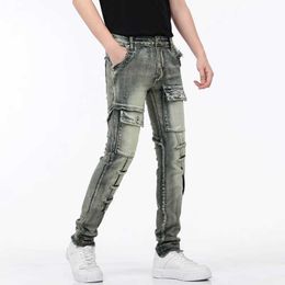 Men's Jeans 2024New Autumn Multi-Pocket Motorcycle Mens Retro Distressed Yellow Mud Colour Personality Slim Fit Stitching Trousers Q240509