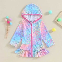 Enstycken Småbarn Kids Baby Girl Swimwear Zip Up Hooded Cover Up Short Sleeve Summer Beach Bathing Suit Robe 2-10 Years H240508