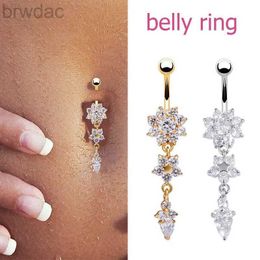 Navel Rings 2023 New Fashion Sexy Piercing Navel BoDY Jewellery Flower Pendant Crystal Belly Button Rings for Women Girls Accessories d240509
