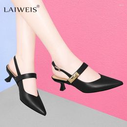 Dress Shoes Luxury Women Slingbacks Fashion Genuine Leather Pumps Office Ladies Metal Decoration Pointed Toe Summer High Heels Woman