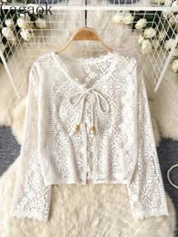 Women's Blouses Gagaok Bohemian Women Tops Knitted Summer Cardigan V-neck Drawatring Hollow Out Fashion Long Sleeve Lady Tassel Sheer Blouse