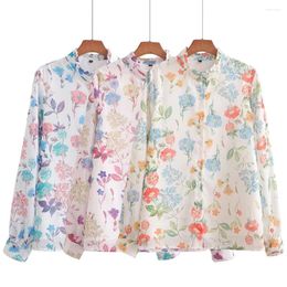 Women's Blouses Zach Ailsa 2024 Summer Product Vintage Flower Print Standing Collar Long Sleeved Single Breasted Casual Shirt