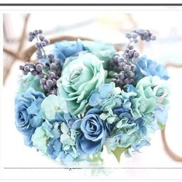 Decorative Flowers Rose Hydrangea Berry Mixed Flower Wedding Bride Bouquet Handicraft Silk Hand Holding