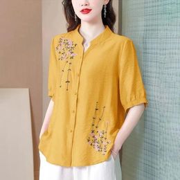 Women's Blouses Summer Fashion Embroidered Short Sleeved Cotton Linen Shirts Top Loose Cardigan Blouse Mother V-Neck Shirt Blaus 4XL