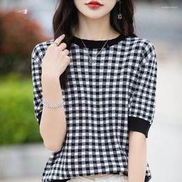 Women's T Shirts Black And White Plaid Round Neck Knitted Short Sleeved T-shirt For Summer Colour Matching Casual Small Shirt