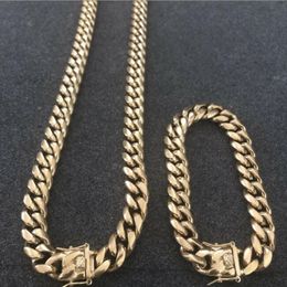 12mm Men Cuban Miami Link Bracelet & Chain Set 14k Gold Plated Stainless Steel 232I