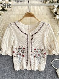 Women's Blouses SINGREINY Bohemian Summer Beach Top Women Hook Hollow Out Floral Embroidery Ladies Retro Casual Vacation Slim Blouse