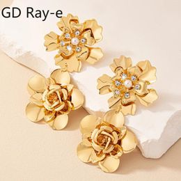 Dangle Earrings High Quality Gold Plated Zircon Flower For Women Vintage Double-layers Large Metal Pearl Petal Earring Jewelry