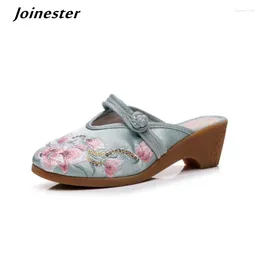 Slippers Women Summer Ethnic Embroidered Wedge Slides For Female Retro Closed Toe Sandals Ladies Casual Dress Shoes Linen Mules