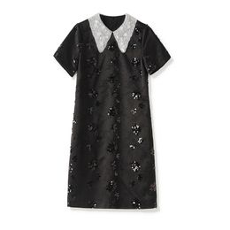 Summer Black Contrast Colour Panelled Dress Short Sleeve Peter Pan Neck Jacquard Sequins Knee-Length Casual Dresses W4M065514