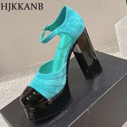 Dress Shoes Runway Chunky High Heel Thick Sole Kid Suede Pumps Women Shallow Mouth Ankle Strap Single Spring Sexy Party