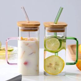 400ml Glass Tumbler Cup Mason Jar With Bamboo Lid And Glass Straw Square Transparent Glass For Iced Coffee Juice Water 0509