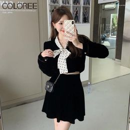 Work Dresses Elegant Bow Long Sleeve Black Velvet Jacket And Mini Skirt 2 Piece Sets Women Outfit 2024 Autumn Collection Clothes