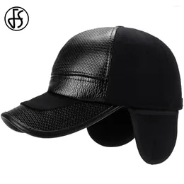 Ball Caps FS Winter Baseball Cap For Men Women Black Warm Earflap Hat Outdoor Windproof Ski Pu Leather Dad Hats Gorras Hombre