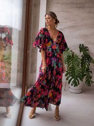 Basic Casual Dresses Fitshinling Dp V Neck Backless Sexy Boho Long Dress Women Pareo Fashion A Line Holiday Maxi Dresses Ladies Clothing Floral New T240508