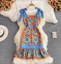 2023 new fashion women039s spaghetti strap print floral retro baroque style high waist bodycon sexy mermaid dress SMLXLXXL5489081