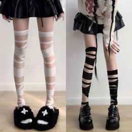 Women Socks 1PC Lolita Bandages Black/White Thin Jk Uniform Cross Straps Long Knee Length Stockings Gothic Sexy Tights Bottom Stocking