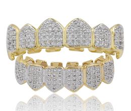 Hip Hop Iced Out CZ Mouth Teeth Grillz Caps Top Bottom Grill Set Men Women Vampire Grills7604592