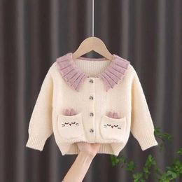 Sets Girls sweater cardigan spring 2023 new Korean girls single chest lapel jacket baby soft thick knit top Q240508