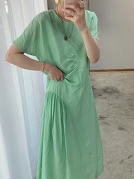 Summer Fashion Temperament Elegant Simple O-neck Pleated Loose Irregular Solid Color Short sleeved Robe Dress Women 16F1200 210423