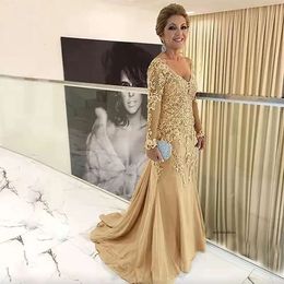 Elegantt Champagne Lace Long Mother Of The Bride Dresses V Neck Full Sleeve Wedding Party Gowns Guest Formal Evening Dress God Mom Celebrity Wear 2023 0509