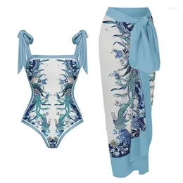 Women's Swimwear Blue One-Shoulder Ruffled Print Floral Swimsuit Set Cover Up Single Piece Micro Monokini Sexy For Girls Summer Beach