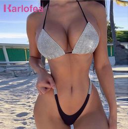 Karlofea Luxury Bling Rhinestone Bikini Crystal Diamond Sexy Women Swimsuit Halter Push Up Triangle Swimwear Beach Thong Shorts4241068