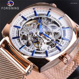 Wristwatches Fashion Forsining Top Brand Mesh Luxruy Golden Steel Men Automatic Mechanical Square Dial Casual Hollow Out Busines Wrist Watch