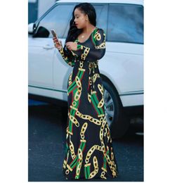 2017 Autumn Womens Maxi Dress Traditional African Print Long Dress Dashiki Elastic Elegant Ladies Bodycon Vintage Chain Print Plus6437673