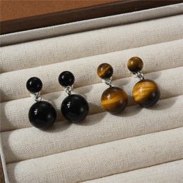 Dangle Earrings French Black Agate Double Ball Earstuds For Women Fashion Exquisite Tiger Eye Stone Charm Jewellery