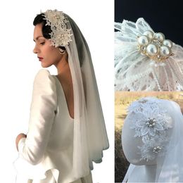 Bridal Veils 2 Tier Vintage Women Wedding Veil Lace Applique Pearl Rhinstones Flower With Fixed Alligator Clips Hoop 252e