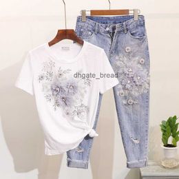 Amolapha Women Sequined Beaded 3D Flower Cotton T-shirt +Calf-length Jeans Clothing Sets Summer Mid Calf Jean Suits