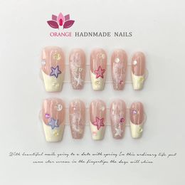 Handmade French False Press On Nail With Rhinestones Full Cover Ballerina Korean Manicuree Decoration Wearable Orange Nail Store 240509