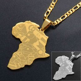 Anniyo Silver Color gold Color Africa Map with Flag Pendant Chain Necklaces African Maps Jewelry for Women Men #035321p 275N