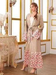 Ethnic Clothing Lace-up Open Abaya Dubai Turkey Kaftan Muslim Arabic Long Cardigan Dresses For Women Caftan Islam Clothes