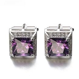 Cuff Links Hot selling purple zircon cufflinks luxury brand crystal groom wedding cufflinks mens gift box gemstones Q240508