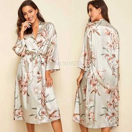 Women's Robe Print Flower Nighty Robe Suit Sleepwear Sexy Satin Kimono Gown Women Bathrobe Intimate Lingerie Nightwear Silky Nightgown