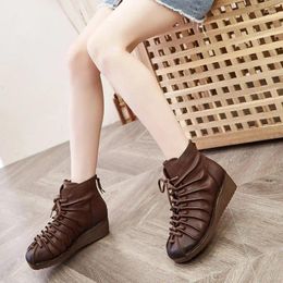 Boots 4cm Retro Natural Cow Genuine Leather Spring Women Loafer Platform Wedge Autumn Designer Authentic Ankle Booties British Shoes