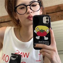 Cell Phone Cases Cute Cartoon Tomato Gloss Black Phone Case For iPhone 11 12 14 Pro Max 13 Mini 7 8 Plus X XS Max XR Lovely Shockproof Case Cover J240509