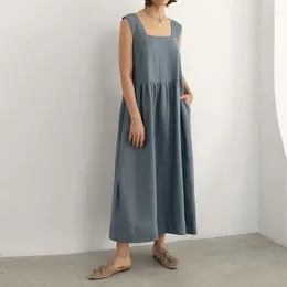 Casual Dresses Summer 80% Linen Cotton Dress For Women Square Collar Strap Backless Loose Long Maxi Boho Holiday Party Vestidos 2024