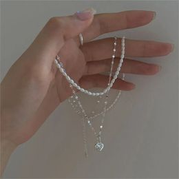 Authentic 925 Sterling Silver Multi Layer Heart Necklaces &Pendant Mother Gifts Natural Freshwater Pearl Chain Necklace For Women Fine Jewellery