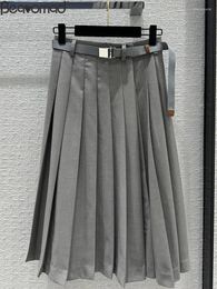 Skirts Fashion Runway Summer Party Grey Colour Elegant Long Skirt Women's High Waist Belt Slim A-Line Pleated