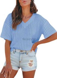 Frauenpullover lässig Sommer Top V-Ausschnitt kurzärmeliges Hemd Solid Color Hollow Leichtes lockeres Pullover Hemd Mode-Strickwege