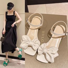 Dress Shoes Bow Tie Thick Heel Sandals Women's 2024 Summer Fairy Style One Line Fashion 100 Paired Skirt High