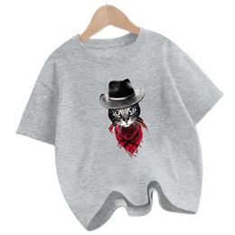 T-shirts Cool little cat wearing denim hat T-shirt boy short sleeved T-shirt fun T-shirt childrens clothingL240509